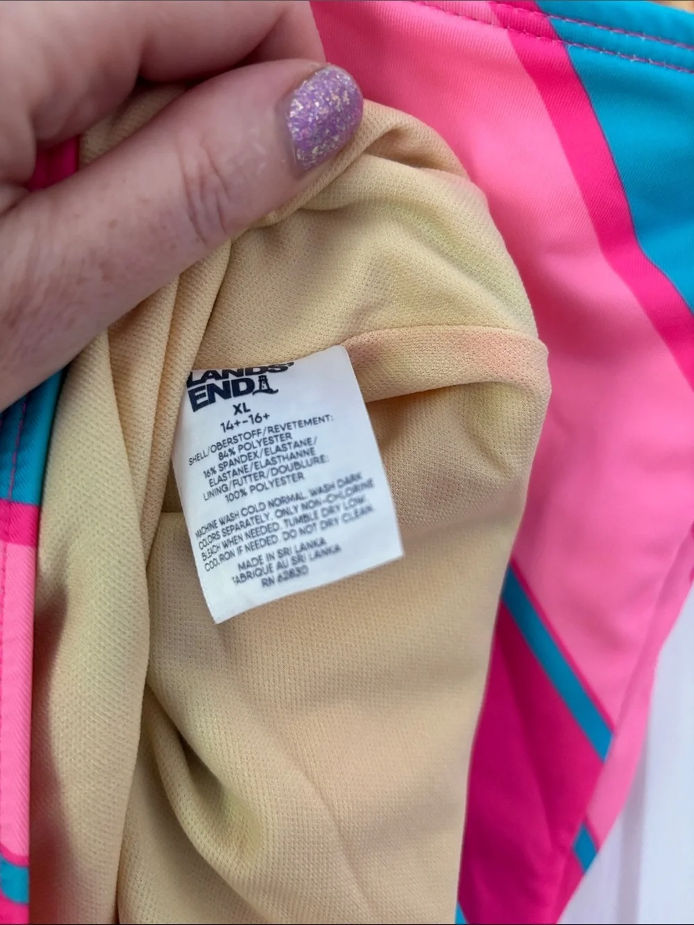 Lands' End Bright Pink & Teal Striped One-Piece Swim Suit, 14+-16+
